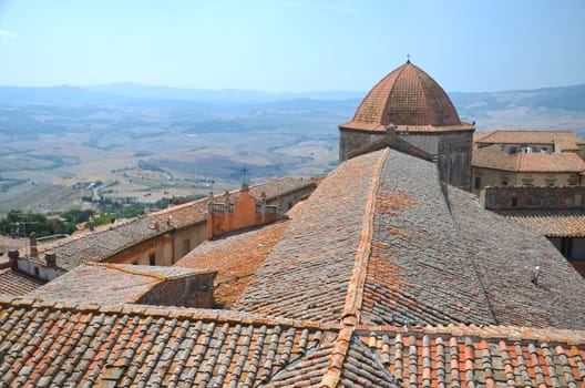 Picturesque view on historic buildings of Volterra in Tuscany, Italy