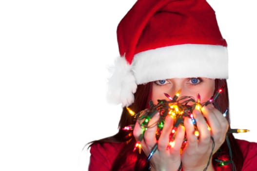 woman with christmas garland lights