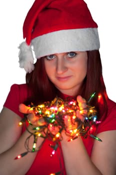 woman with christmas garland lights