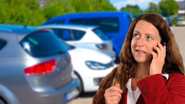 woman with phone in front of cars