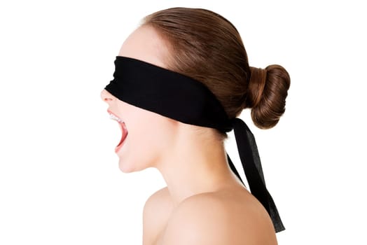 Blindfold woman screaming, isolated on white background