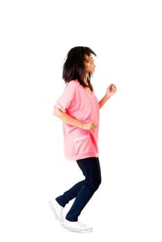 Happy student girl running, isoalated on white background