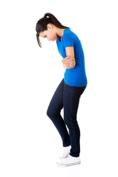 Young woman with stomach issues,isolated on white