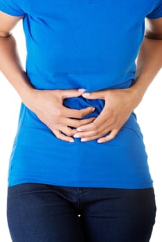 Woman heaving belly ache, isolated on white background