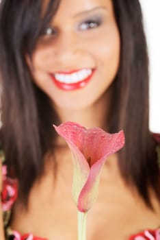 Sexy woman in lingrie with red flower. Over white background