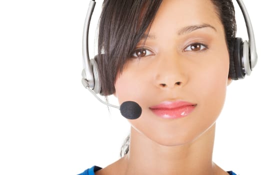 Beautiful young call-center assistant smiling , isolated