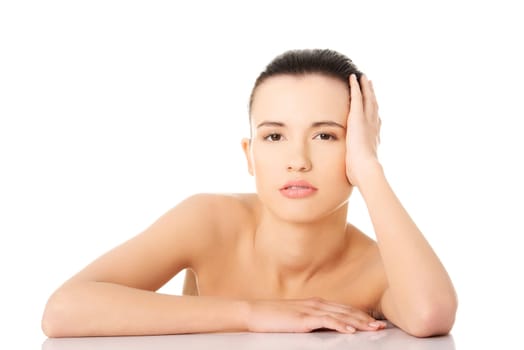 Portrait of a beautiful female model on white background