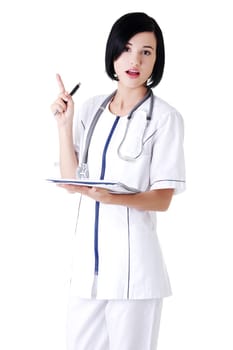 Attractive medicine student or doctor with notebook, isoalted on white