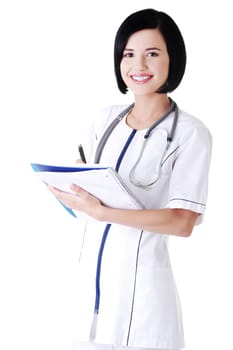 Attractive medicine student or doctor with notebook, isoalted on white