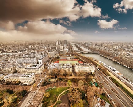 Wonderful aerial view of Paris from the top of Eiffel Tower - Winter Season.