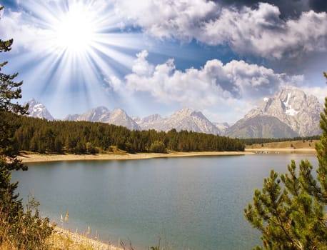 Wonderful landscape of Grand Teton Lake and Mountains - Wyoming.