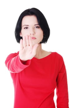Hold on, Stop gesture showed by young woman hand