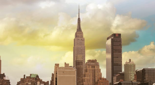 Wonderful view of Manhattan Skyscrapers with beautiful sky colors - New York City.