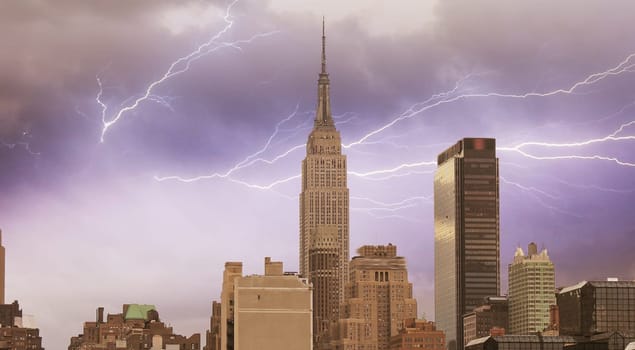 Wonderful view of Manhattan Skyscrapers with beautiful storm colors - New York City.