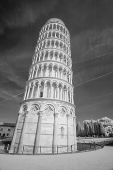 Beautiful infrared view of Leaning Tower in Pisa - Italy - Black and White picture.