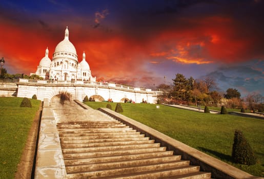 Wonderful view of Sacred Heart Cathedral and Steep Stairs - Paris.