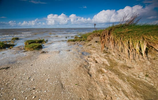 View of the North Sea beach at Hilgenriedersiel near the city of Norden / Lower Saxony at the beginning of sunset with fragments of the adjacent pasture land