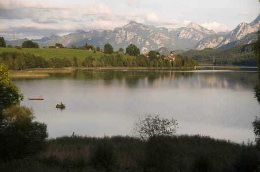 View of Lake Weissensee in the Allgäu at dusk
