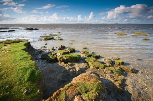 View of the North Sea beach at Hilgenriedersiel near the city of Norden / Lower Saxony at the beginning of sunset with fragments of the adjacent pasture land