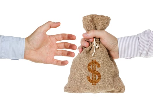 Hand giving a money bag isolated on white background