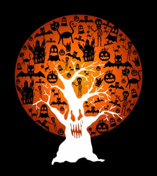 Halloween full moon with elements inside and spooky tree over black background. EPS10 Vector file organized in layers for easy editing..