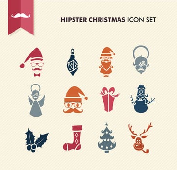 Colorful Hipster Merry Christmas icon set with glasses and fashion elements. EPS10 vector file organized in layers for easy editing.
