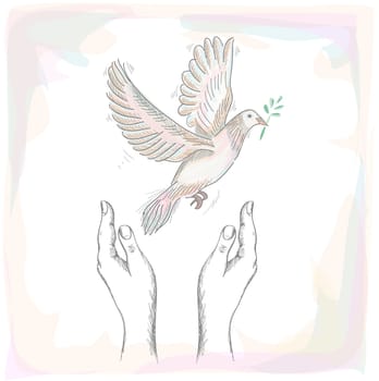 Sketch style human hands with peace symbol dove illustration over texture background. EPS10 Vector file organized in layers for easy editing.