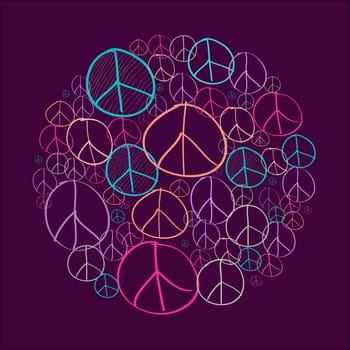 Colorful sketch style peace symbols circle shape composition. EPS10 Vector file organized in layers for easy editing.