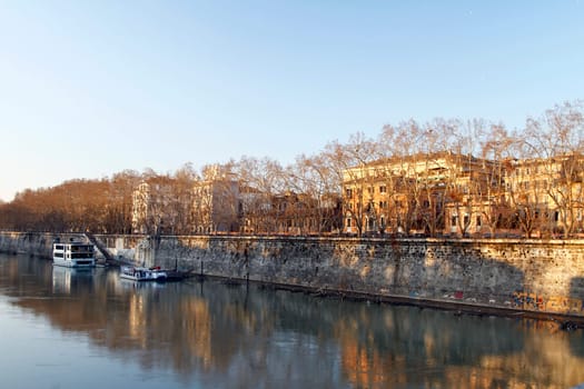 Wide view of the bridges over river Tiber in Rome, Italy.