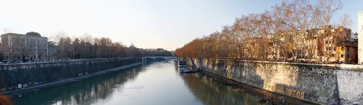 Wide view of the bridges over river Tiber in Rome, Italy.