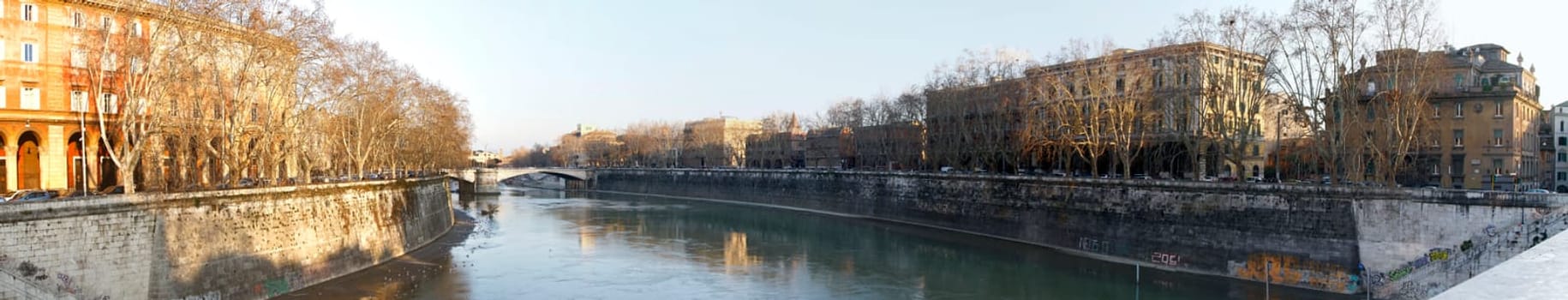 Wide view of the bridges over river Tiber in Rome, Italy.