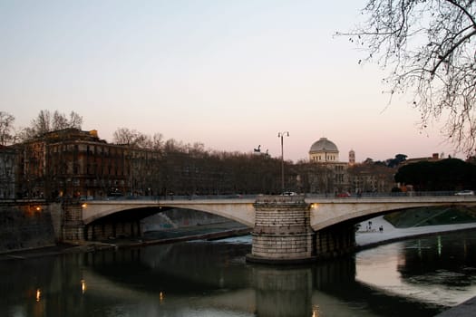 Wide view of the bridges over river Tiber in Rome, Italy.