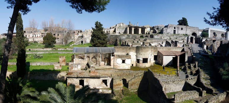 View of the ruins of the archeological Pompeii site, located near Naples, Italy.