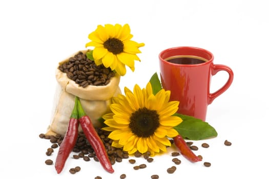 A bag of coffee beans,a cup,chillis and a sunflower