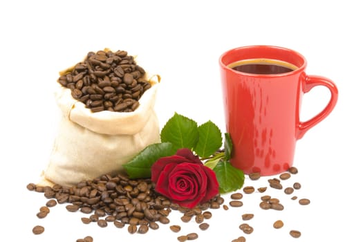 A bag of coffee beans,a cup and a red rose