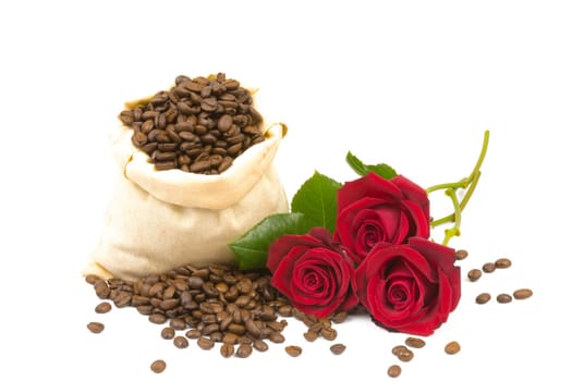 A bag of coffee beans and three red rose