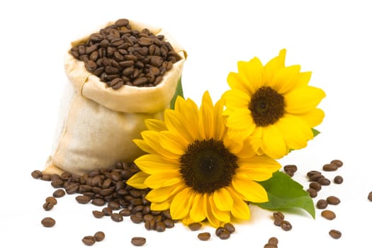 A bag of coffee beans and sunflowers