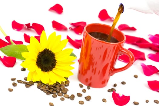 Coffee is poured from a pot into a cup