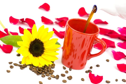 Coffee is poured from a pot into a cup