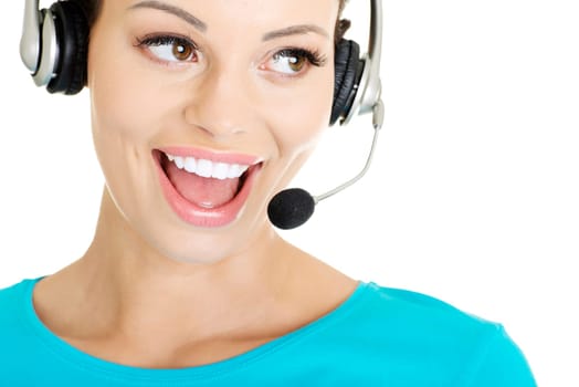 Beautiful young call-center assistant smiling , isolated