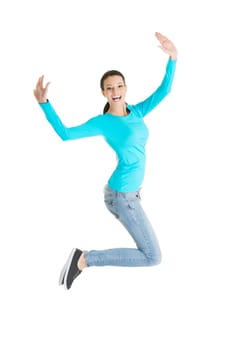 Jumping happy young woman, isolated on white background