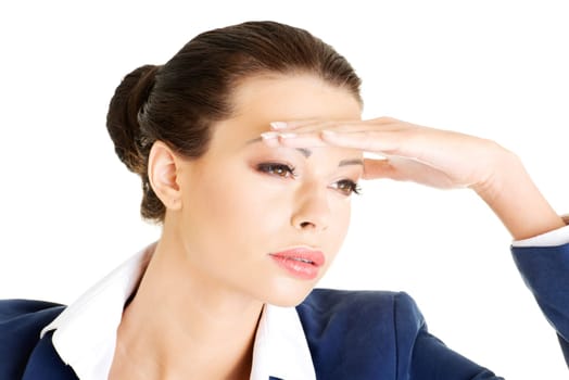 Business woman looking into the future, isolated on white