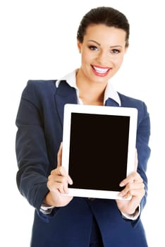 Business woman showing tablet PC with touch pad. Isolated on white