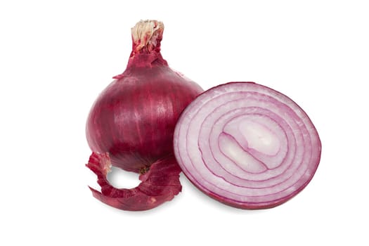 A whole and a half red vegetable onion mirrored and insulated against a white background