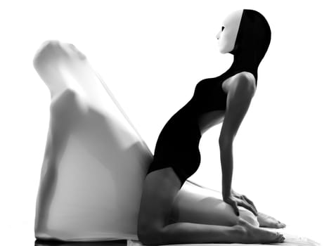 dancer performer mime with mask acting couple lovers conceptual in studio isolated on white background