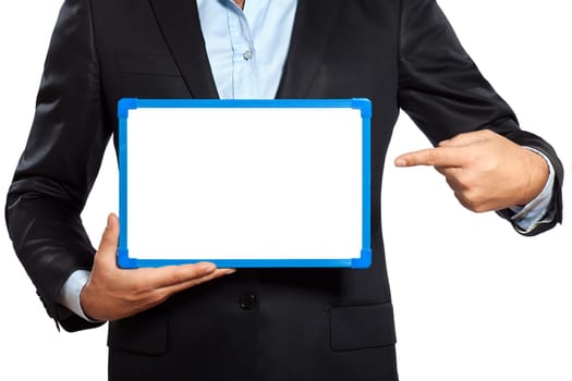 one caucasian business man holding showing whiteboard in studio isolated on white background