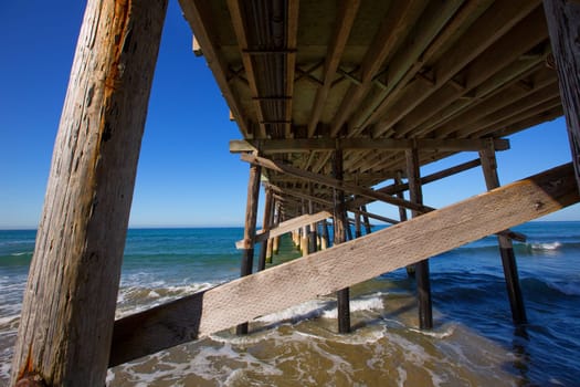 Newport pier beach in California USA seen from below
