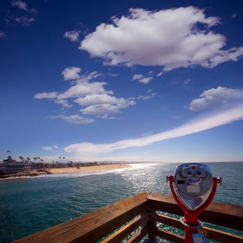 Newport beach in California view from pier binocular telescope
