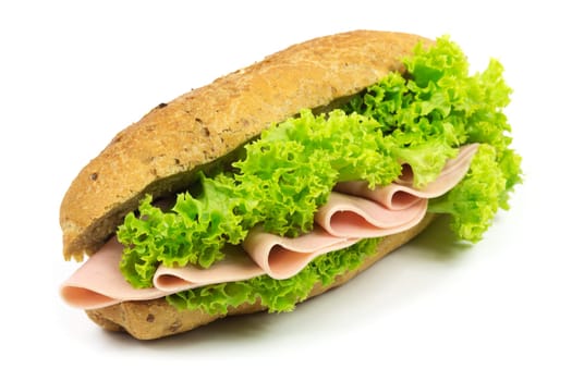 Sandwich,fast food with sausage and salad against a white background