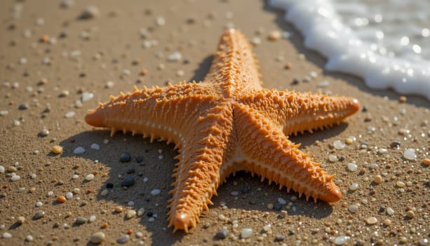 A starfish is laying on the sand at the beach. The starfish is surrounded by the ocean and the beach. The scene is peaceful and serene